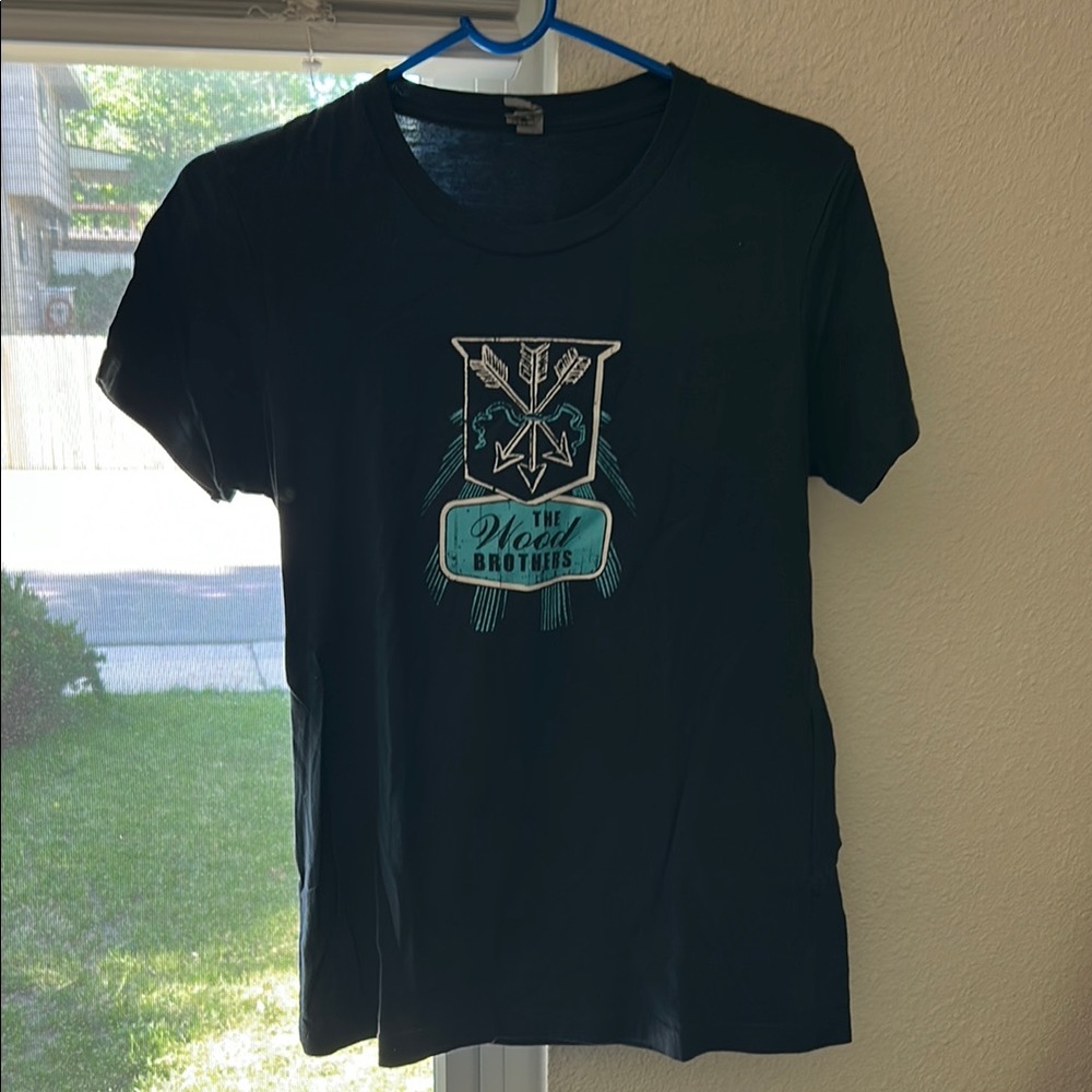 Black Graphic Wood Brothers T-Shirt with Blue and White Design